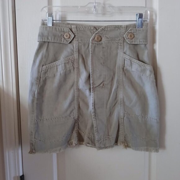 Free People Alpha Utility mini skirt khaki tan denim frayed hem button fly Sz 4 - Picture 4 of 7